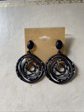 Black Spiral Drop Earrings with Crystal Stud Accents - Unbranded